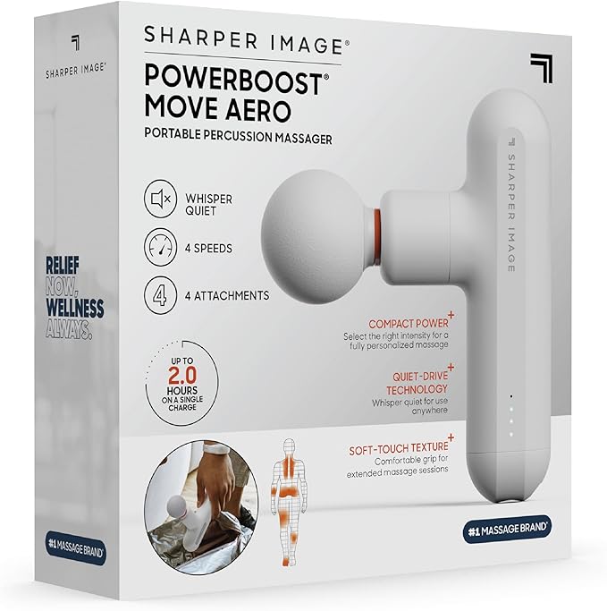 Sharper Image Powerboost Move Aero 3.0 – Mini Percussion Massage Gun| Updated Soft-Touch Design, Carrying Bag, 4 Nodes| Portable Full Body Back & Shoulder Massager| Deep Tissue Massage Tool Gift