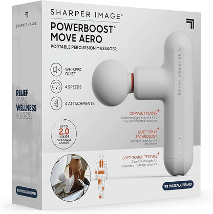 Sharper Image Powerboost Move Aero 3.0 – Mini Percussion Massage Gun| Updated Soft-Touch Design, Carrying Bag, 4 Nodes| Portable Full Body Back & Shoulder Massager| Deep Tissue Massage Tool Gift