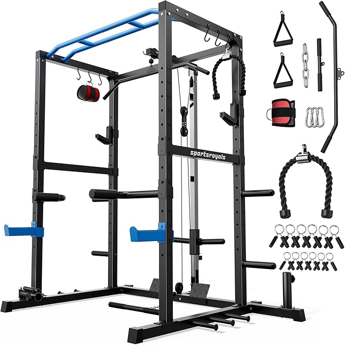 Sportsroyals Squat Rack, LAT Power Cage, Power Rack Multi-Function with Pulley System and Training Attachments for Home Gym