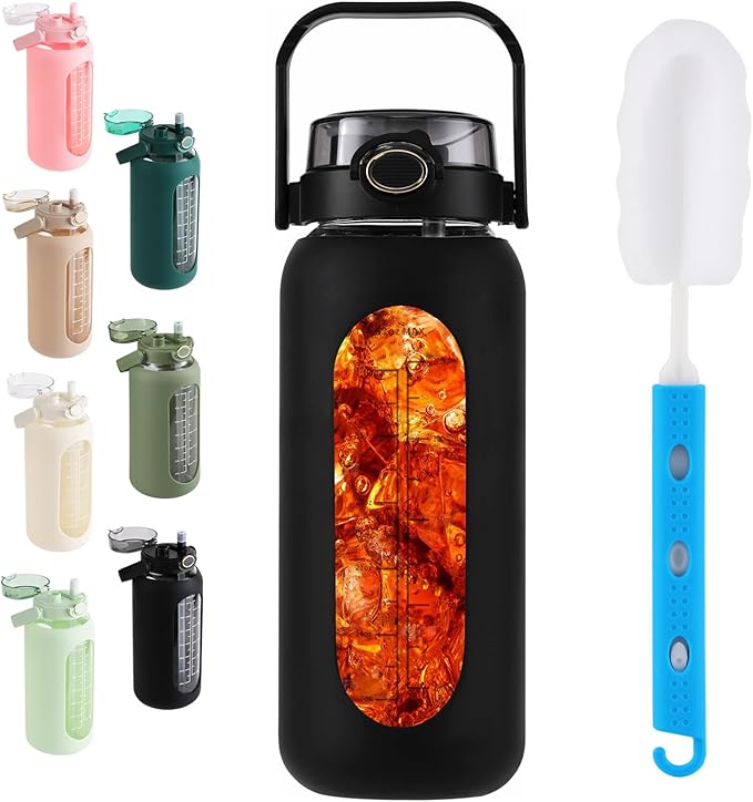SIEROZUR 64 oz Glass Water Bottle with Straw and Handle Lid Half Gallon Motivational Glass Bottle with Silicone Sleeve and Time Marker Large Reusable Sports Water Jug for Gym Home Workout
