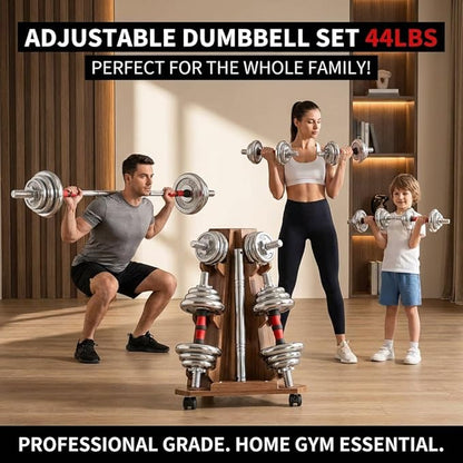 Adjustable Dumbbell Set 44lbs – 2-in-1 Home Gym Cast Iron Barbell & Dumbbell Kit with Carry Box, Stainless Steel Handles, 12 Weight Plates for Men Women Office Bedroom Full-Body Workout