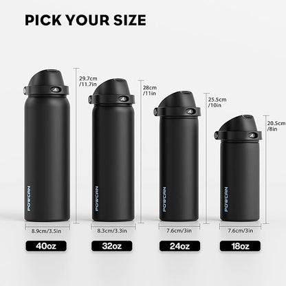 POWCAN 18 oz Insulated Water Bottle: 2-in-1 Push-Button Spout & Quick-Flip Straw, Leakproof, Cold 24Hrs, Fits Car Cup Holder, Stainless Steel Water Bottle for Sports, Travel, School (Very Black)