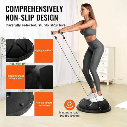 Half Exercise Ball Trainer 23 inch Balance Ball Trainer 1500lbs Capacity Stability Ball with Resistance Bands & Foot Pump, Strength Fitness Ball for Home Gym Full Body Workout