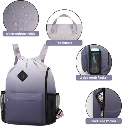 WANDF Drawstring Backpack Sports Gym Bag with Shoes Compartment, Water-Resistant String Backpack Cinch Bag for Women Men (Grey Gradient)