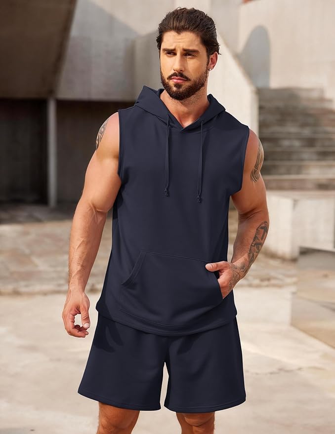 COOFANDY Mens Sleeveless Workout Hoodie Shorts Set 2 Piece Outfits Hooded Tank Tops Gym Tracksuit Sweatsuits
