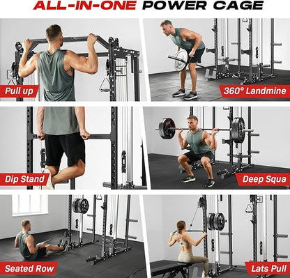 Power Cage Home Gym, Dual Pulley Cable Crossover System, All-in-One Squat Power Rack with Strength Training Attachments for Full-Body Workouts
