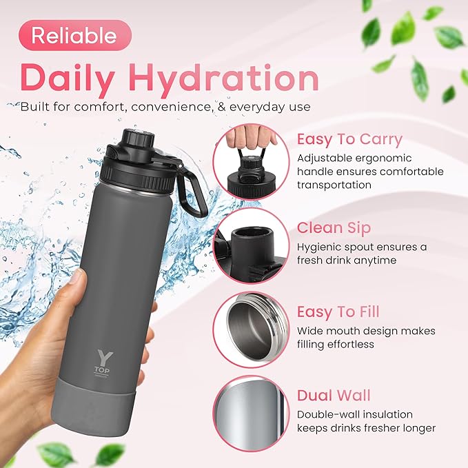 Y TOP 18 oz Insulated Water Bottle Leak Proof Spout Lid Fits in Car Cup Holder – Double Wall Dishwasher Safe Easy Clean stainless steel drinking water bottle for Gym Kids Sports Travel Hiking School
