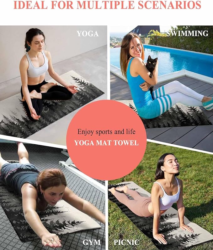 Forest Birds Yoga Mat Towel with Corner Pockets for Hot Yoga Non Slip,Absorbent Yoga Blankets Soft Gym Sweat Working Out Fitness Pilates Towels 70"x26" Vintage Pine Tree Animal Landscape Beige