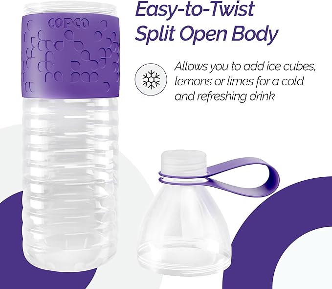 Copco Hydra 20 oz Water Bottle, Set of 2 with Carrying Loop – Leak Proof, BPA Free Tritan, Dishwasher Safe, Twist-Open Body, Non-Slip Silicone Grip, Perfect for Gym, Travel & Everyday Use (Purple)