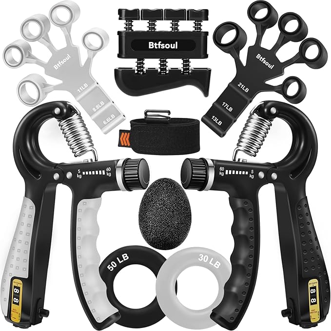 Grip Strength Trainer Kit with Hand Gripper Strengthener, Finger Exerciser, Forearm Workout Ring, Double-Sided Finger Stretcher(Gripster) and Stress Relief Ball