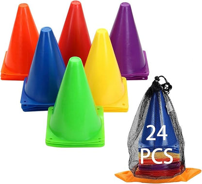 Training Plastic Traffic Cones Set - Indoor Outdoor and Festive Events Agility Cones,Sports Soccer Flexible Cone Sets,Sports Equipment for Kids (Multicolor,24 Pack,7 Inch)