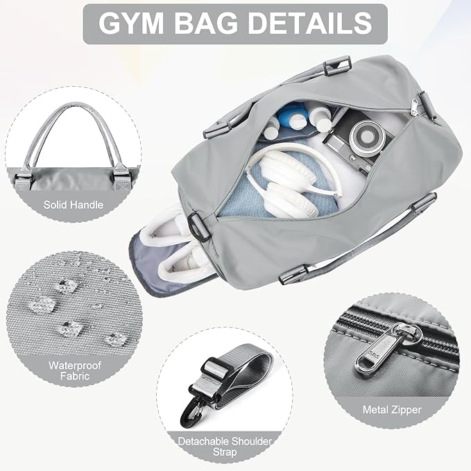 Gym Bag for Women with Shoes Compartment,Small Duffel Bag Sport bag with Toiletry Bag Overnight Travel Tote Bags Weekender Carry on Bag Personal Item Bags for Airlines Grey