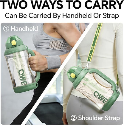 QWE Gym Plastic PPSU Water Bottles for men with Straw and Handle,Lightweight,54oz Large High-capacity for Hiking&Camping,Heat-resisting,Reusable, BPA Free,Double Drinking,leak proof(Green)