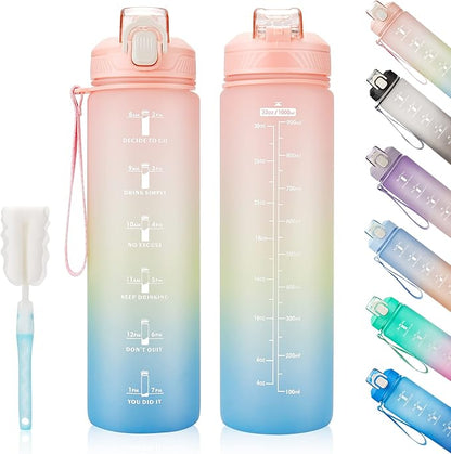Motivational Water Bottle with Time Marker- 32oz Water Bottles with Times to Drink, Leakproof & BPA Free Sports Water Bottle with Straw & Carry Strap for Fitness, Gym, and Outdoor Sports
