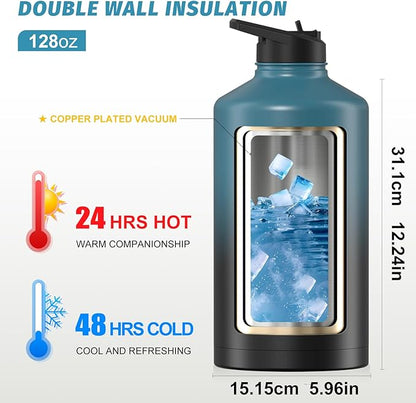 1 Gallon Water Bottle Insulated(Cold for 48 Hrs),BPA Free&Leak Proof,128oz Stainless Steel Water Jug,Large Water Bottle with Straw Spout Lids for Gym,Hiking,Camping&Travel,Black Blue