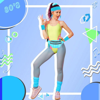 80s Neon Workout Costume Accessories Set 10 PCS Leg Warmers for Women 80s Headband Wristband Fanny Pack for Yoga Running
