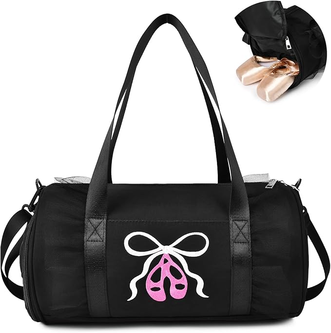 Dance Bag for girls, KUIRAN 8L Dance Duffel Bag with Separate Shoe Compartment Lightweight Water-resistant Sport Bag for Dance, Ballet, Gym, Travel - Black