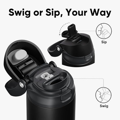 ENCOOL Leakproof Insulated Water Bottle with Straw Dual-Sip Water Bottle Bag-Safe Design for Work, Commute & Gym – Keeps Drinks Cold All Day, 32 oz, Jet Black