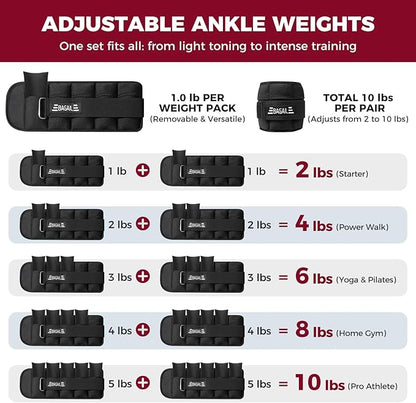 BAGAIL Ankle Wrist Weights for Women & Men, One Pair of 1/2/4/6/8/10 LBS Wearable Leg Arm Weights with Sleek Design & Secure Fit for Walking, Running, Pilates, Home Fitness & Physical Therapy