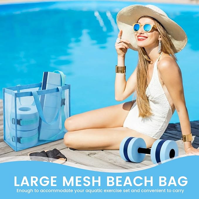6 Pcs Aquatic Exercise Set Water Aerobics Set Large Mesh Beach Bag Pool Fitness Equipment Foam Water Dumbbell Ankle Swimming Weight Aquatic Swim Belt for Exercise Weight Loss