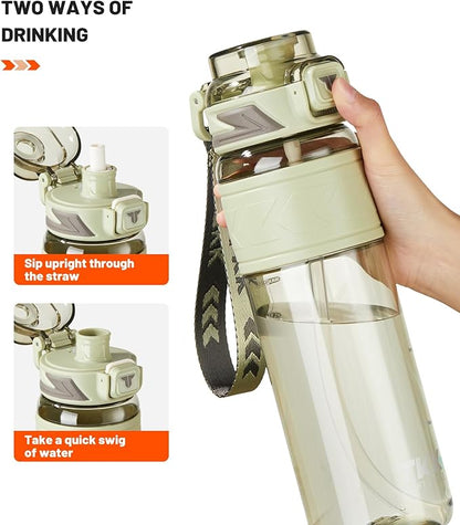 TKK Sports Water Bottles with Removable Straw 34 oz Leak-proof Flip Top Lid BPA Free Tritan Bottle with Strap for School, Fitness, Gym, Outdoor, LighGreen