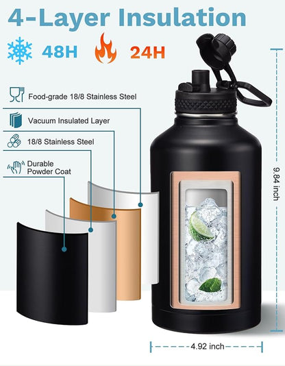 BENZZO 64 oz Water Bottle Insulated - Keep Cold 48H & Hot 24H, Half Gallon Water Jug with Paracord Handle, Straw Spout Lids, Stainless Steel Flask Canteen, Large Water Bottle for Women Men Work Sport
