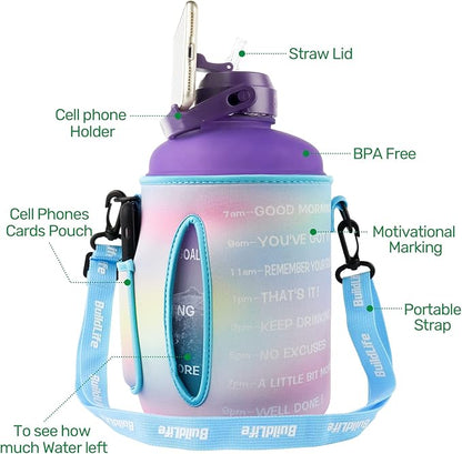 QuiFit 1 Gallon Water Bottle - with Straw & Motivational Time Marker Leak-Proof BPA Free Reusable Gym Sports Outdoor Large(128OZ/73OZ) Capacity Water Jug