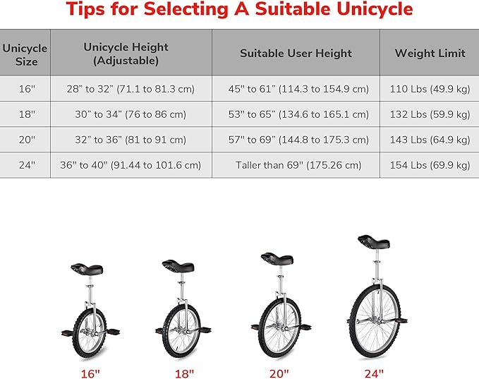 AW 16/18/20/24 Inch Wheel Outdoor Unicycle Adjustable Seat Exercise Bicycle Fit Adults Kids Outdoor Sports Fitness Exercise, for Choice