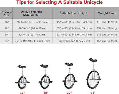 AW 16/18/20/24 Inch Wheel Outdoor Unicycle Adjustable Seat Exercise Bicycle Fit Adults Kids Outdoor Sports Fitness Exercise, for Choice