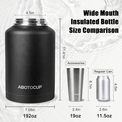 1.5 Gallon Water Jug with Wide Mouth, 192oz Insulated Water Bottle Keep Cold24h&Hot12h, Comes with Ergonomic Handle, Two Double Walled 16oz 18/8 Stainless Steel Cups Thermo Canteen Mug