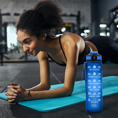 32 oz Water Bottles with Times to Drink and Straw, Motivational Water Bottle with Time Marker, Leakproof & BPA Free, Drinking Sports Water Bottle WIth Hand Strap for Fitness, Gym & Outdoor (blue)