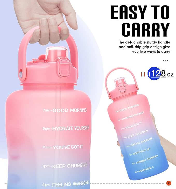 HydroPal 1 Gallon Water Bottles with Straw, 128 oz Water Bottle BPA Free Innovative 2-IN-1 Lid Gym Bottle with Times to Drink Motivational, Large for Sports Fitness Camping Water Jug （13.8X5.5 inch）