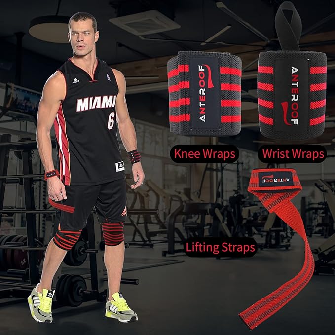 Knee Wraps + Wrist Wraps + Weight Lifting Straps Bundle (3 Pairs) for Weightlifting Bodybuilding Strength Training Workout Gym, Fitness Protective Set for Men & Women