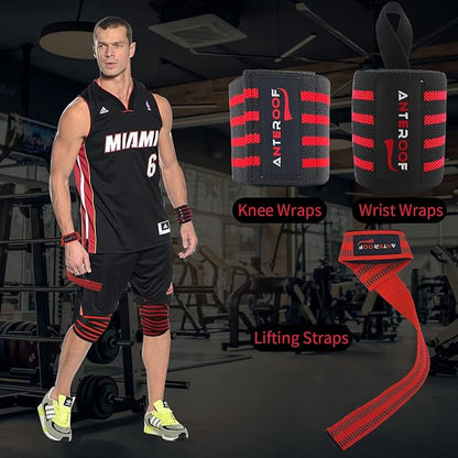 Knee Wraps + Wrist Wraps + Weight Lifting Straps Bundle (3 Pairs) for Weightlifting Bodybuilding Strength Training Workout Gym, Fitness Protective Set for Men & Women
