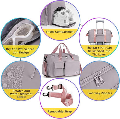 FIORETTO Women's Gym Duffle Bag with Shoes Compartment, 30L Capacity, Ideal for Travel, Gym, Sports, Duffel, Weekender
