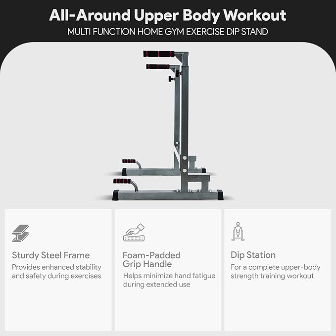BalanceFrom Steel Frame Dip Station with Adjustable Height, 500 Pound Weight Capacity – Upper Body Workout Home Gym Equipment for Triceps, Push & Pull Ups, Leg Raises, and Bench Press