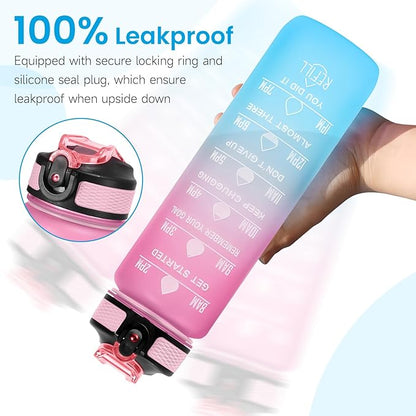 32 oz Water Bottles with Times to Drink and Straw, Motivational Water Bottle with Time Marker, Leakproof & BPA Free, Drinking Sports Water Bottle WIth Hand Strap for Fitness, Gym & Outdoor (pink-1)