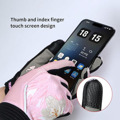DuShow Bike Gloves for Women Cycling,Pink Floral Workout Gloves Women,Full Finger Biking Driving Riding Gloves for Women,Gel Padded Touch Screen Gym Gloves