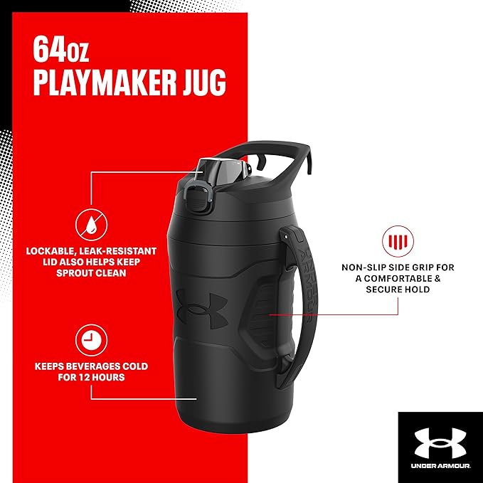 Under Armour Half Gallon Water Bottle Insulated, 64oz Insulated Water Bottle with Handle, Fence Hook, Leak Resistant, for Baseball, Football & More, Hi Vis Yellow/Black