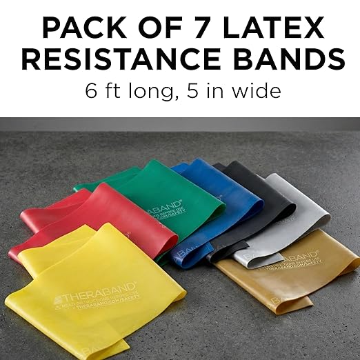 THERABAND Professional Latex Resistance Band Set, Pack of 7, Individual 6 Ft Elastic Band for Upper & Lower Body Exercise, Physical Therapy, Pilates, At-Home Workouts, 6 Foot Band, Levels 1 to 7