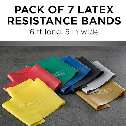 THERABAND Professional Latex Resistance Band Set, Pack of 7, Individual 6 Ft Elastic Band for Upper & Lower Body Exercise, Physical Therapy, Pilates, At-Home Workouts, 6 Foot Band, Levels 1 to 7