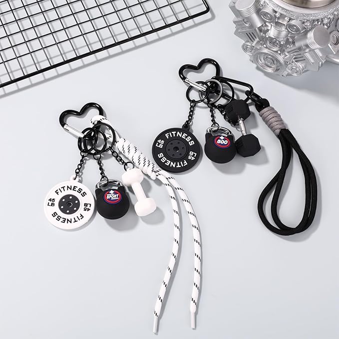 2pcs Gym Keychain Set, Fitness Keychain Charms with Dumbbell Kettlebell & Barbell Plate Cute Gym Accessories for Women Men Motivational Gift (White/Black)
