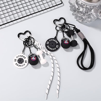 2pcs Gym Keychain Set, Fitness Keychain Charms with Dumbbell Kettlebell & Barbell Plate Cute Gym Accessories for Women Men Motivational Gift (White/Black)
