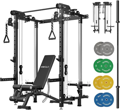 Mikolo Folding Squat Rack, Wall Mounted Power Rack with Cable Crossover Machine & LAT Pull Down, Functional Trainer with 5 Adjustable Function Modes, for Home Gym and Space Saving