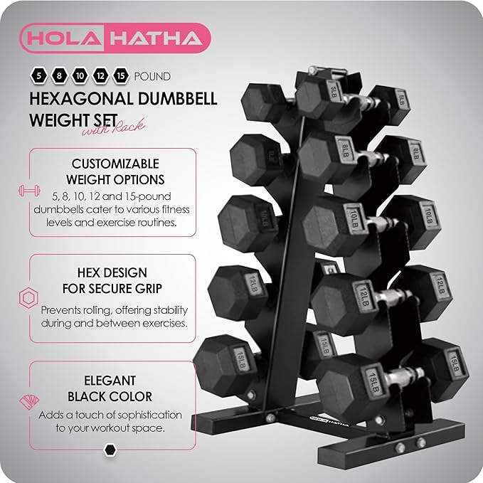 HolaHatha Hexagonal Dumbbell Weights Set, Home Gym Equipment Set, Portable Weighted Exercise Dumbbells for Fitness, Training, and Lifting Workouts