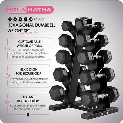 HolaHatha Hexagonal Dumbbell Weights Set, Home Gym Equipment Set, Portable Weighted Exercise Dumbbells for Fitness, Training, and Lifting Workouts