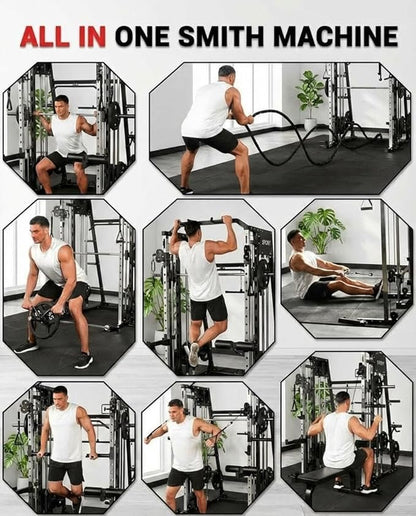 Smith Machine Home Gym All-in-1, 2200LBS Power Cage with Dual Cable Pulley Systems, LAT Pull-Down & Leg Hold-Down | Complete Strength Training Equipment for Full Body Workouts