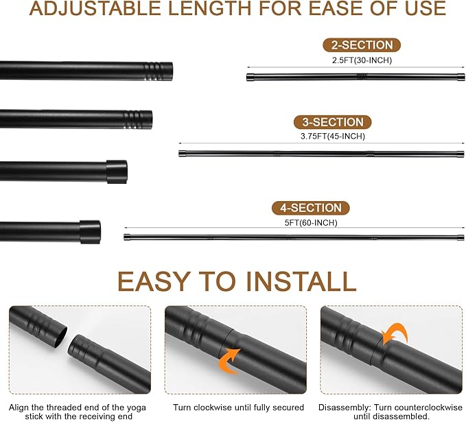 6 Set 5ft Yoga Stick Adjustable Stretching Sticks, Black Exercise Stick with Non-slip Rubber Ends, Posture Corrector Stretch Tool for Mobility Training, Workout, Balance Fitness (Per Set 5ft, Black)