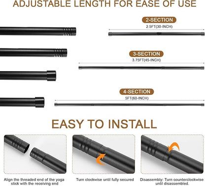 6 Set 5ft Yoga Stick Adjustable Stretching Sticks, Black Exercise Stick with Non-slip Rubber Ends, Posture Corrector Stretch Tool for Mobility Training, Workout, Balance Fitness (Per Set 5ft, Black)