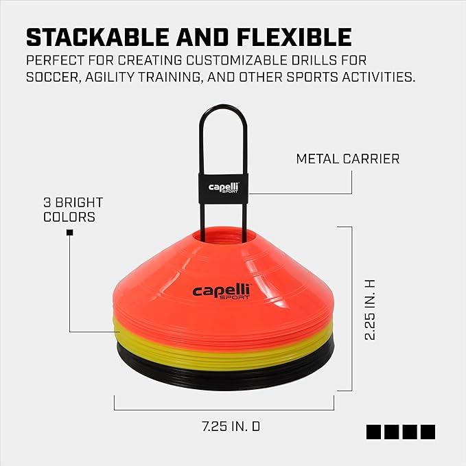 Capelli Sport Training Cones, Set of 30 Agility and Practice Drills Equipment with Metal Carrier for Soccer, Football, Baseball, and Basketball, Multi